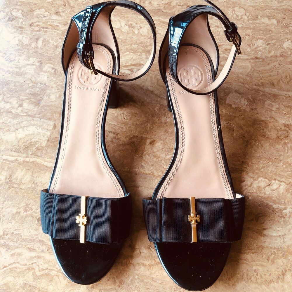 Tory Burch Trudy Black patent Leather Grosgrain Bow Block Heel Dandals Size 8M